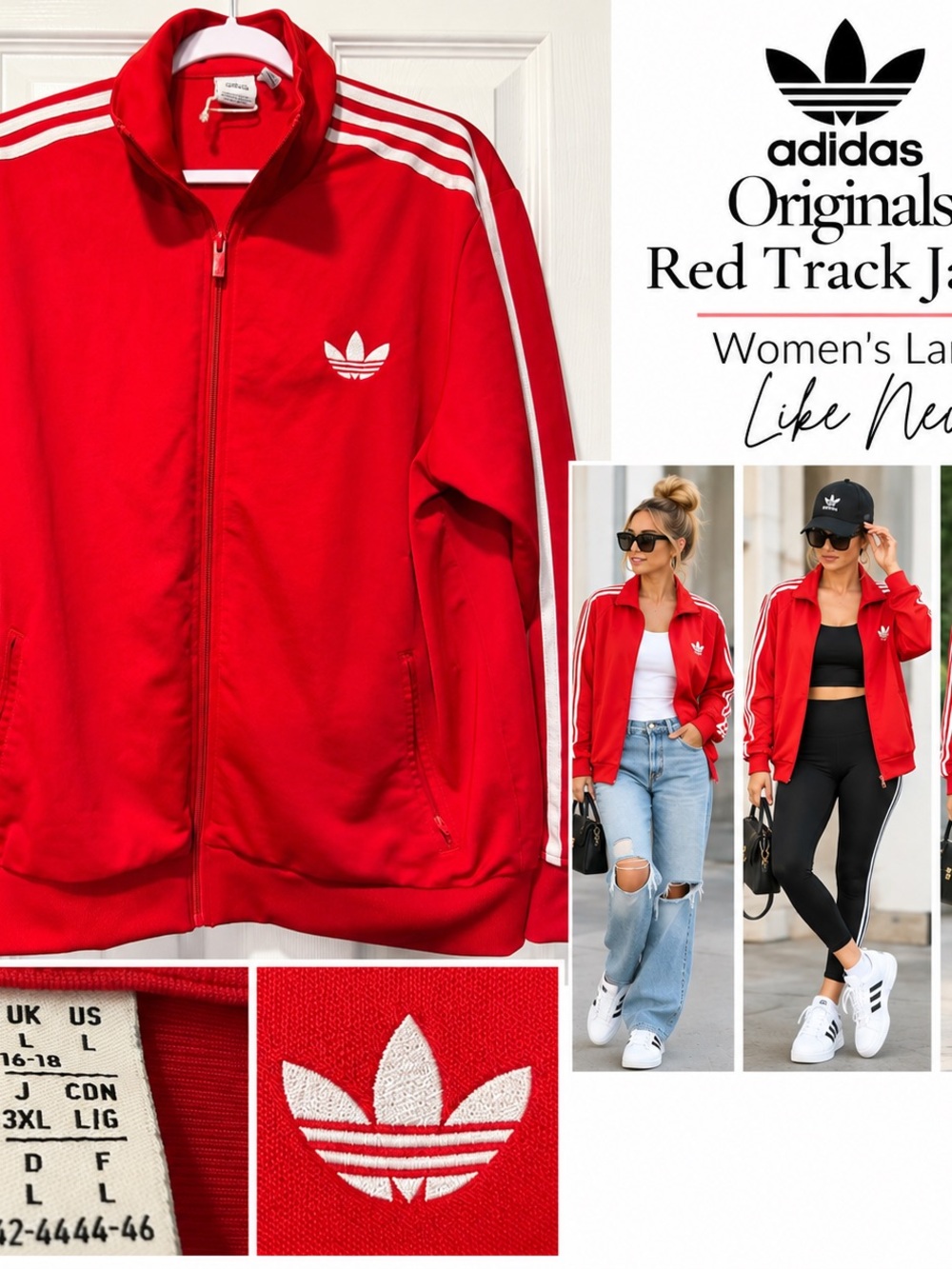 Adidas Originals Red 3-Stripes Trefoil Track Jacket Women’s L Like New
